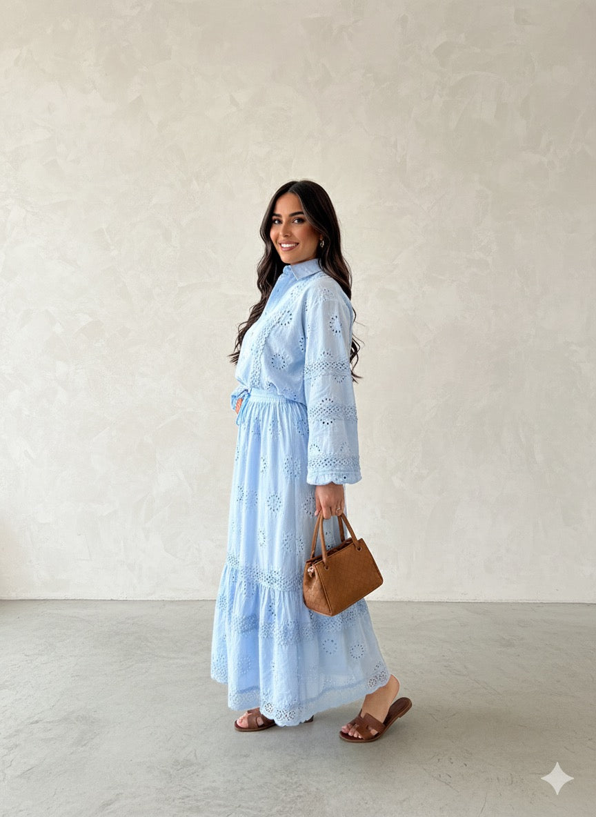 Embroidery Hollow Out Shirt & Skirt Set