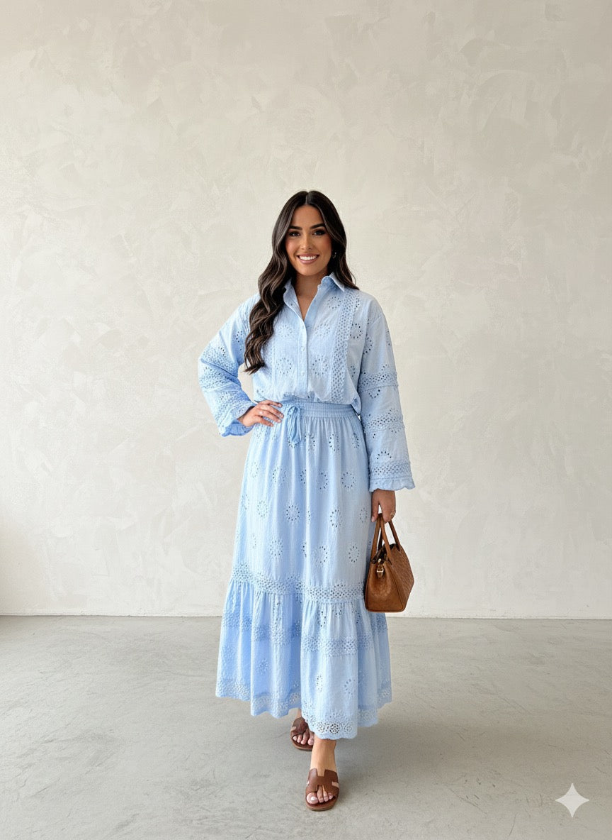 Embroidery Hollow Out Shirt & Skirt Set