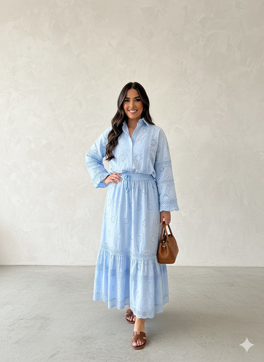 Embroidery Hollow Out Shirt & Skirt Set