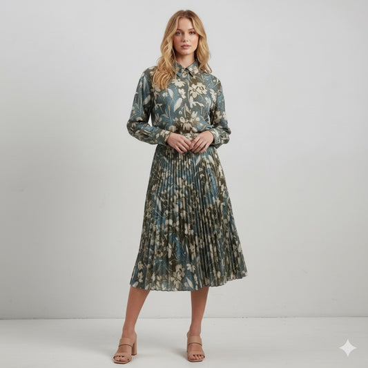 Women’s Metallic Print Shirt & Pleated Skirt Suit