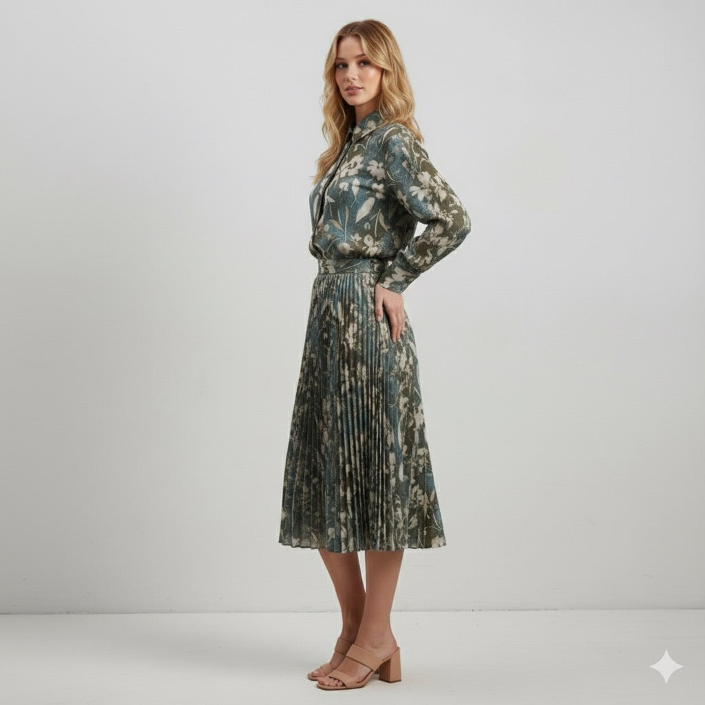 Women’s Metallic Print Shirt & Pleated Skirt Suit