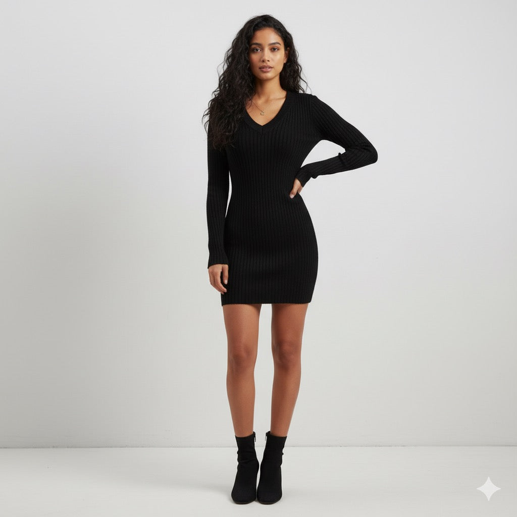 Vintage Knit Elegance – Women’s V-Neck Slim-Fit Dress