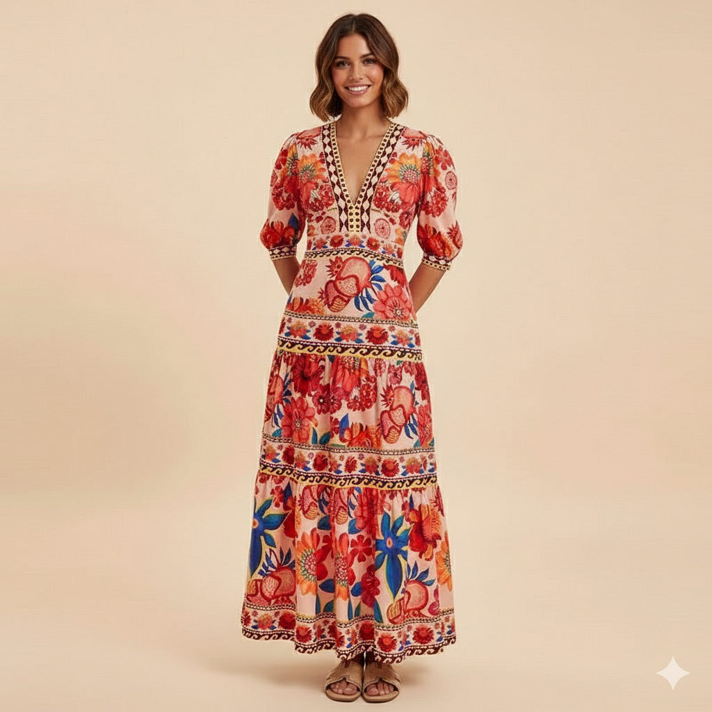 Women’s Elegant V-Neck Bubble Sleeve Long Dress – Vintage Floral Print