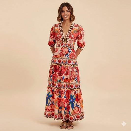 Women’s Elegant V-Neck Bubble Sleeve Long Dress – Vintage Floral Print