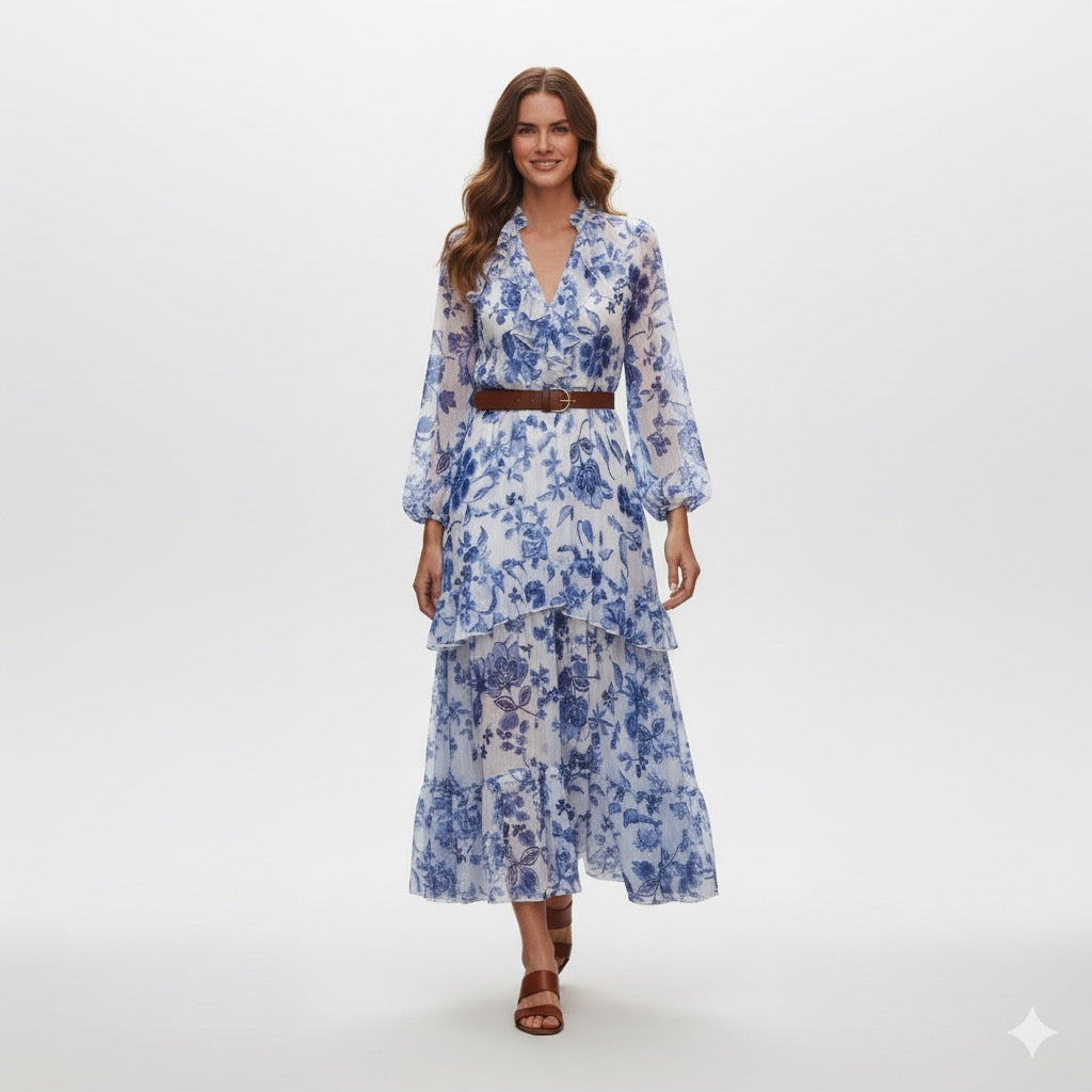 Summer Women’s Bohemian Blue Floral Print Midi Dress
