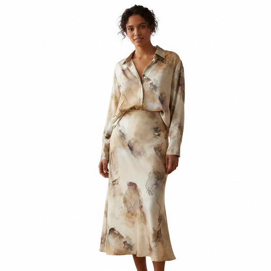 Women’s Fashion 2-Piece Printed Blouse & Vintage Elastic Waist Skirt Set