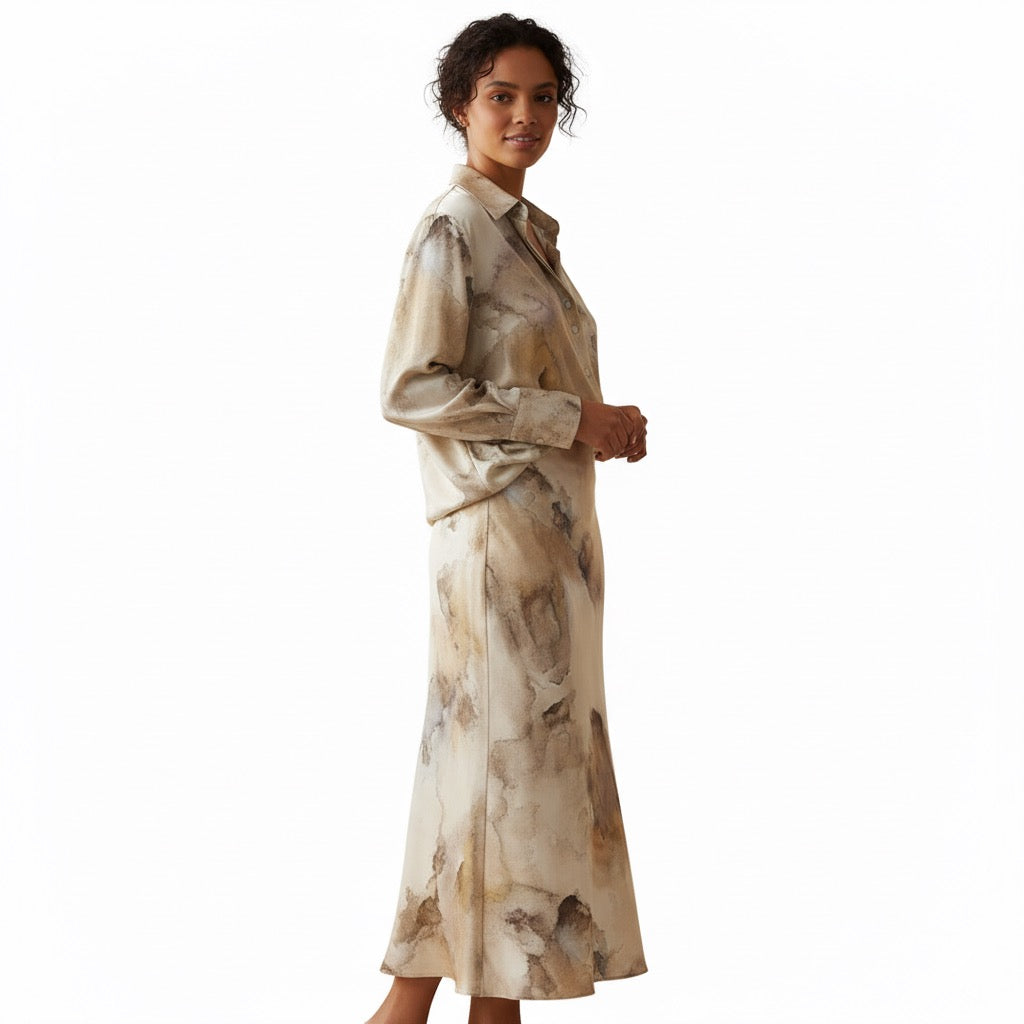 Women’s Fashion 2-Piece Printed Blouse & Vintage Elastic Waist Skirt Set