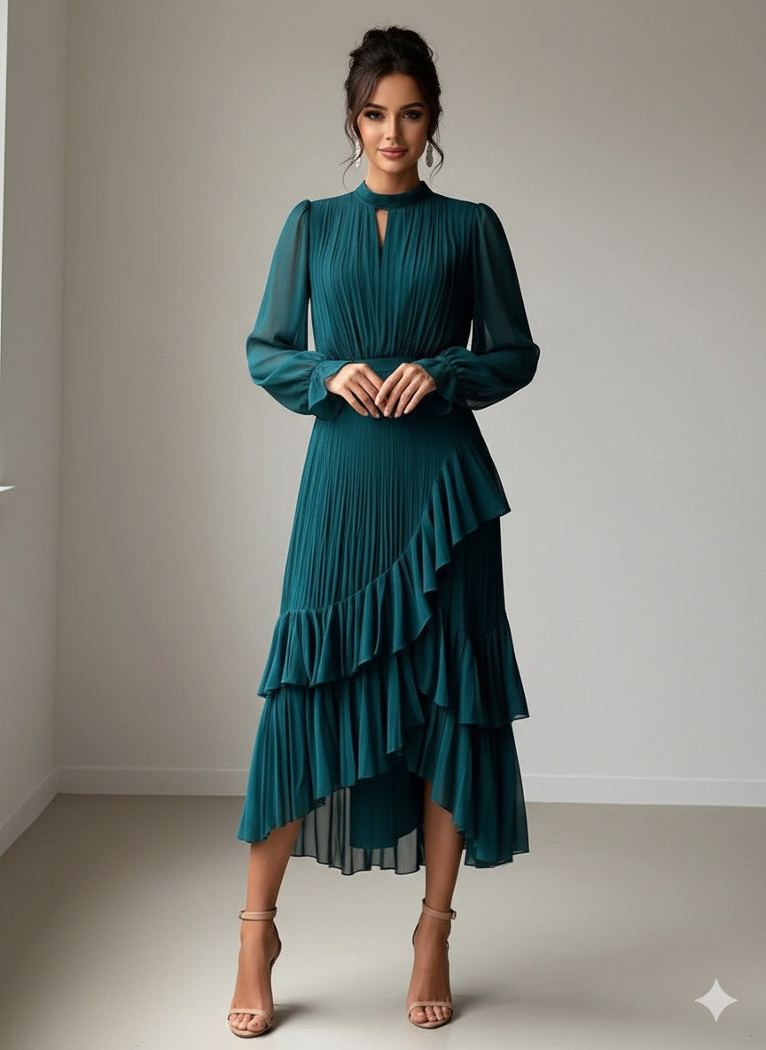 Women’s O-Neck Long Sleeve Multi-Layer Pleated Ruffle Dress