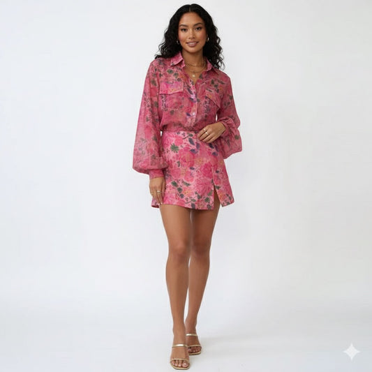 Women’s Fashion Print Two-Piece Set – Lapel Shirt & High-Waist Split Mini Skirt