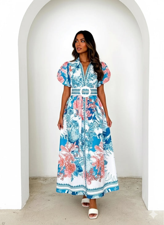 Summer Women’s Casual Tie-Print Long Dress – Loose Pleated Style