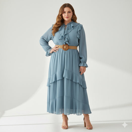 Women’s Elegant Belted Dress – European & American Style with Layered Detail