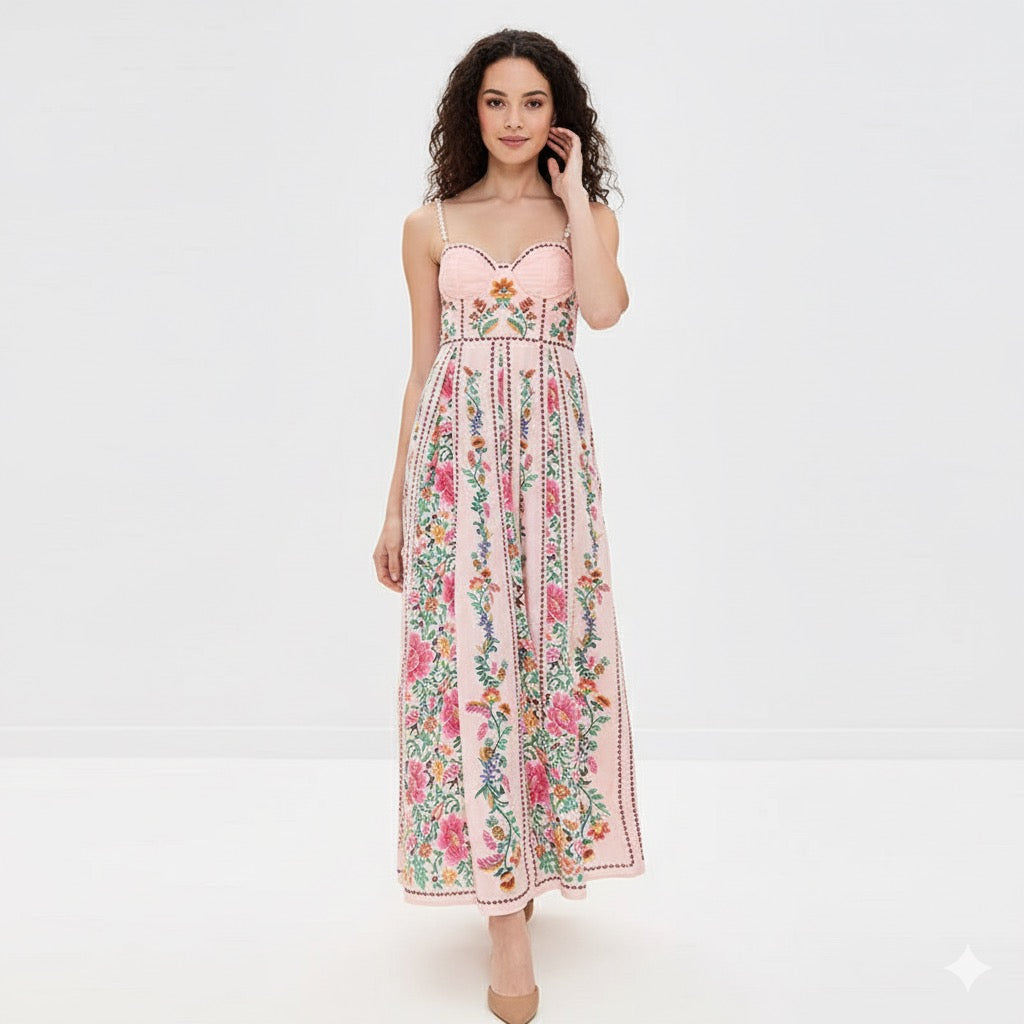 Women’s Elegant Evening Dress – Romantic Floral Print Suspender Style