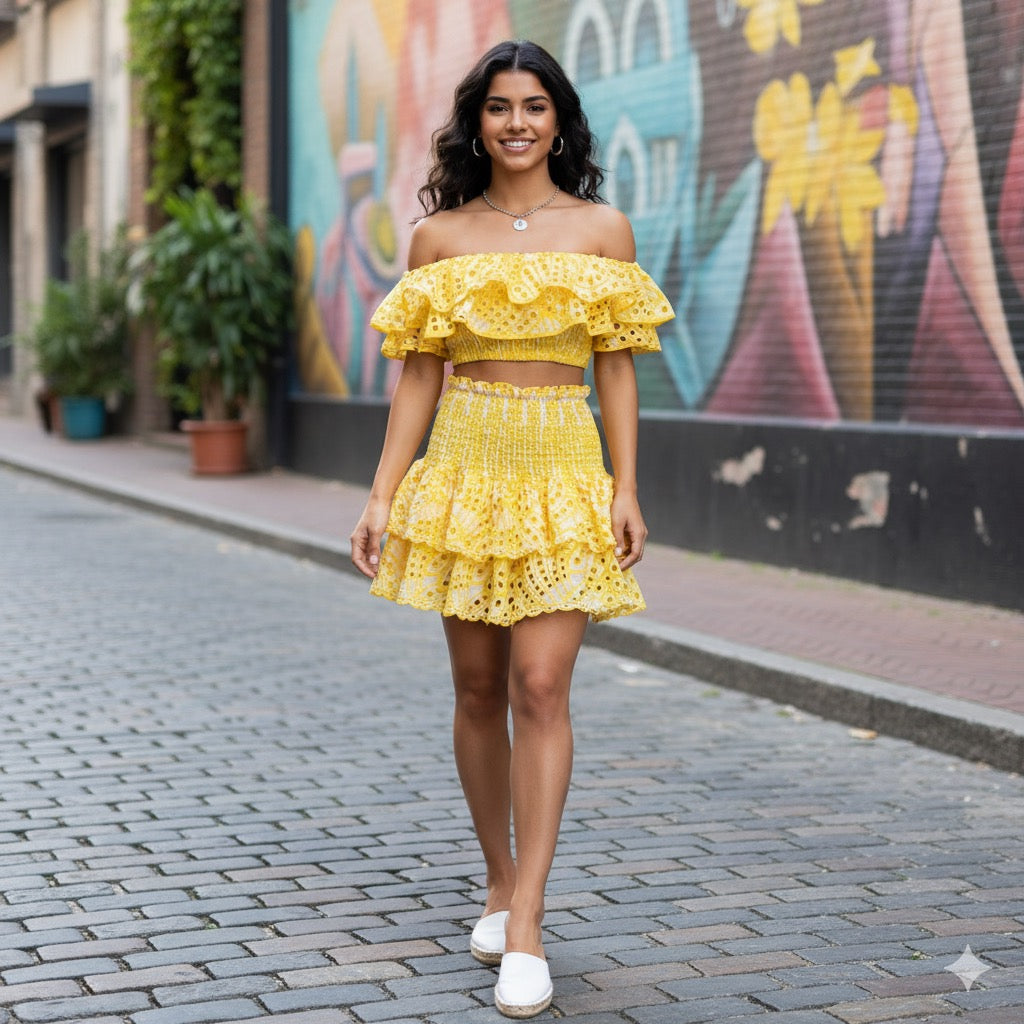 Summer Slash Neck Crop Top & Ruffled Mini Skirt-Two Piece Set