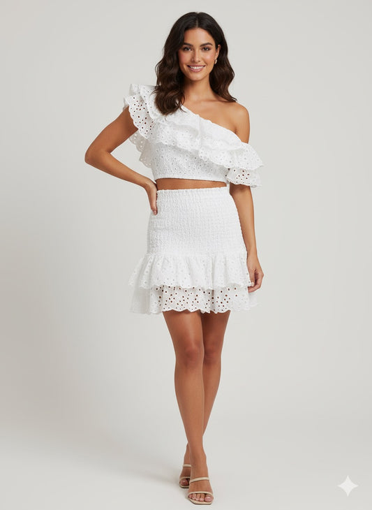 Summer Slash Neck Crop Top & Ruffled Mini Skirt-Two Piece Set