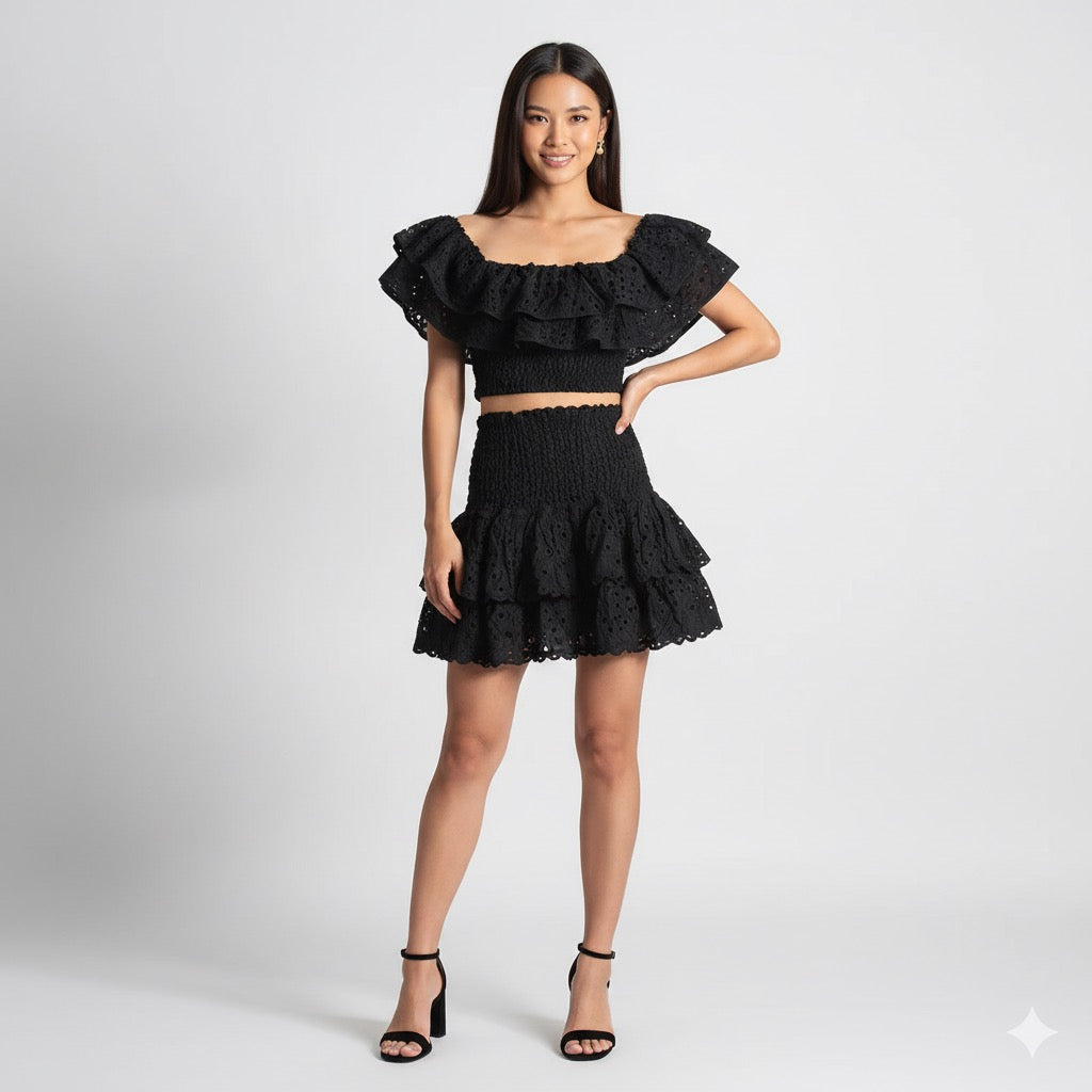 Summer Slash Neck Crop Top & Ruffled Mini Skirt-Two Piece Set