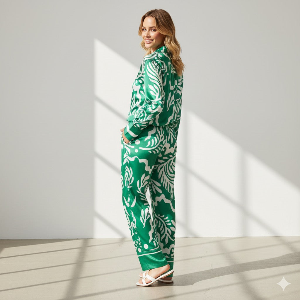 Women’s Fashion Printed Shirt & High Waist Straight Pants Set