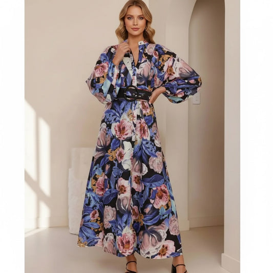 Casual Printed Long Sleeve Dress with Belt – High Waist A-Line Bubble Style