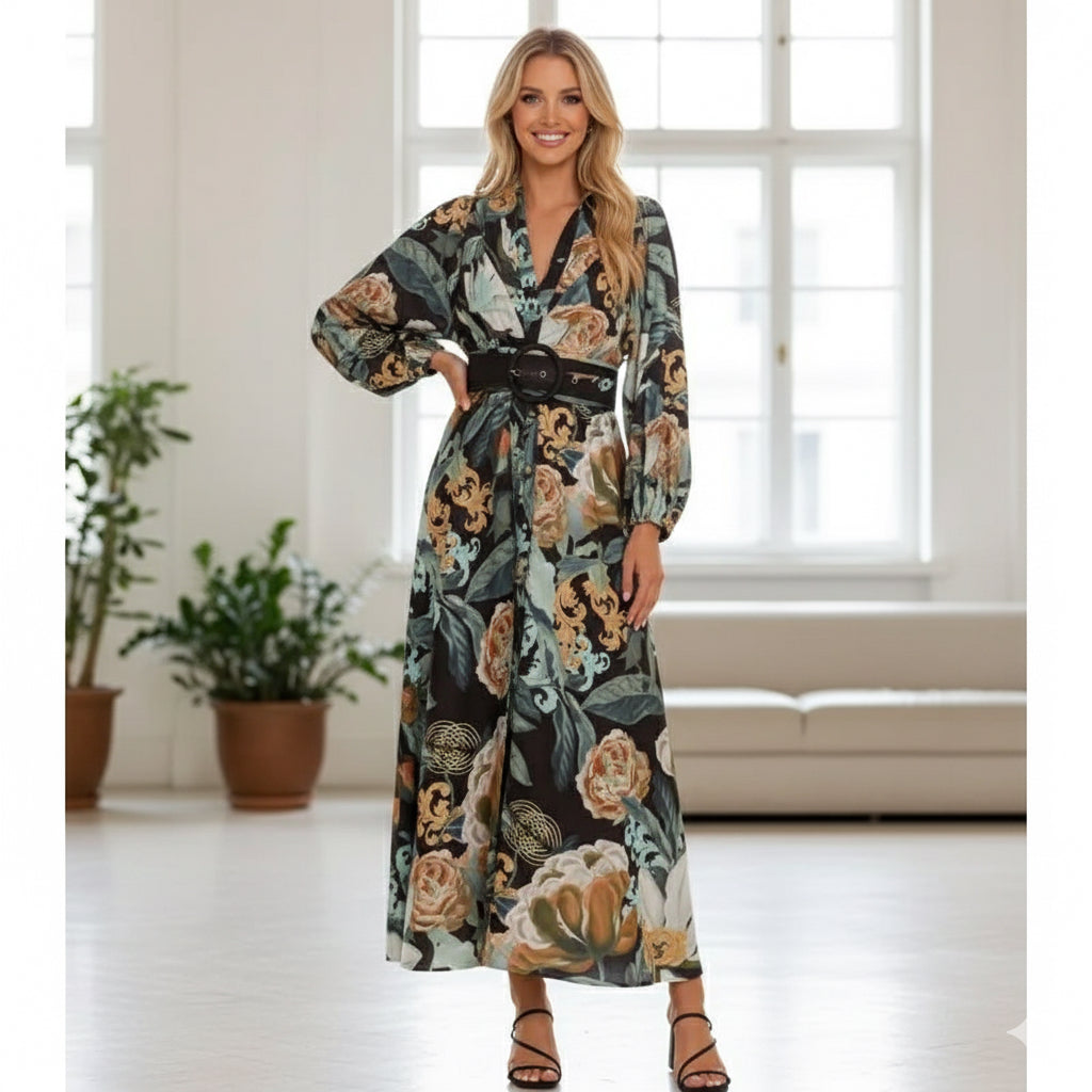 Casual Printed Long Sleeve Dress with Belt – High Waist A-Line Bubble Style