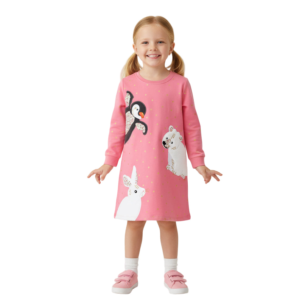 Girls Long Sleeve Animal Applique Cotton Dress
