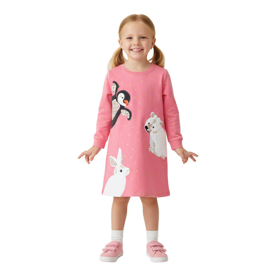 Girls Long Sleeve Animal Applique Cotton Dress
