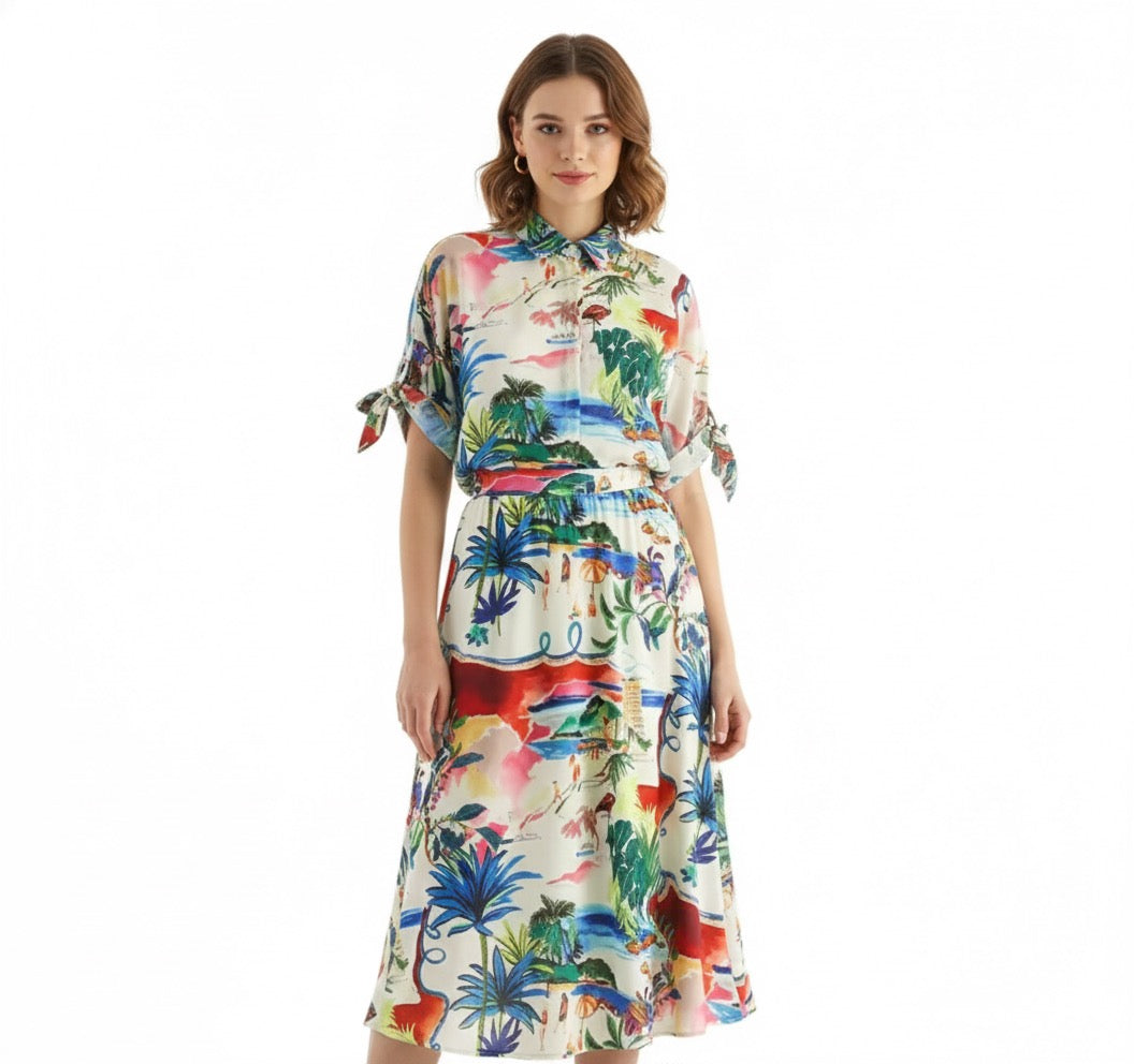 Printed Short Sleeve Shirt & High-Waist Midi Skirt Set – Casual Two-Piece Outfit