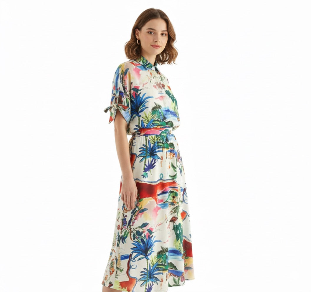 Printed Short Sleeve Shirt & High-Waist Midi Skirt Set – Casual Two-Piece Outfit