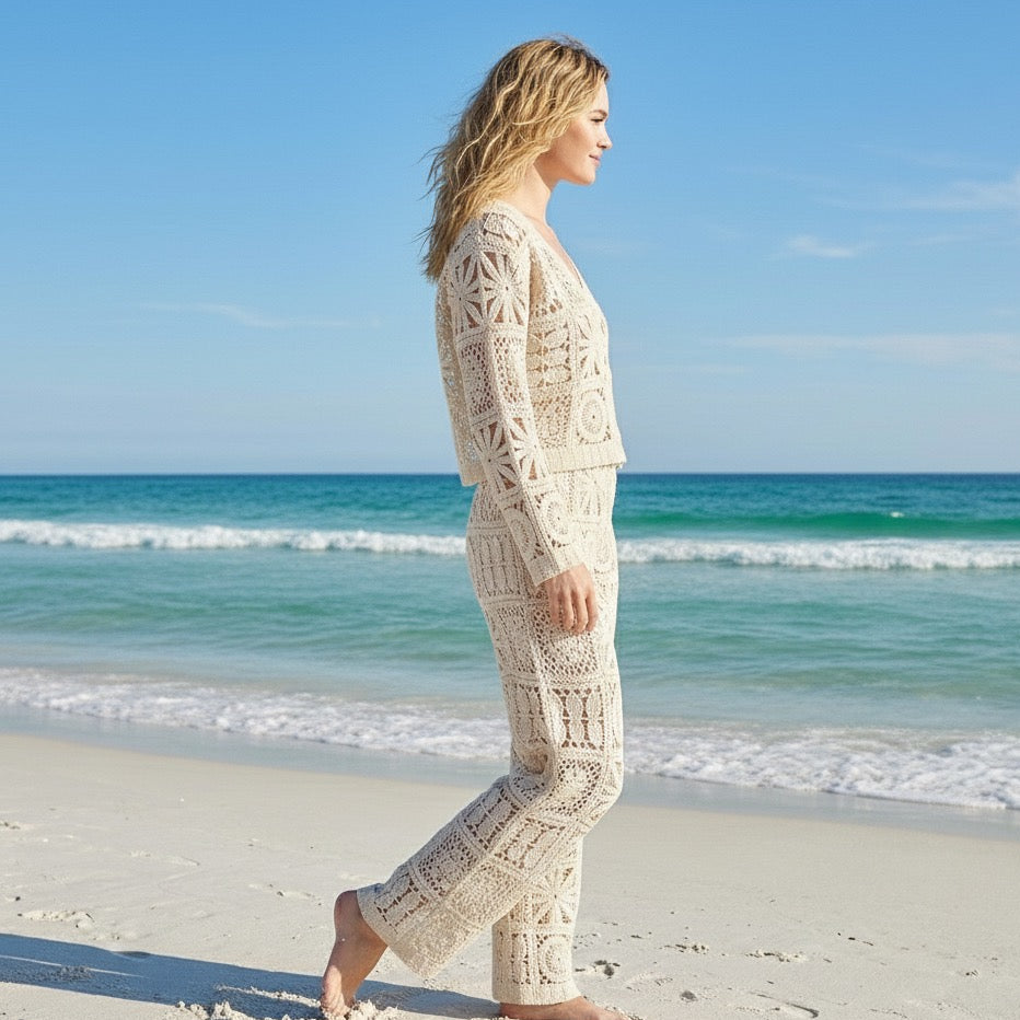 Women’s Knitted Two-Piece Pants Set – Hollow-Out Cardigan & High-Waist Trousers