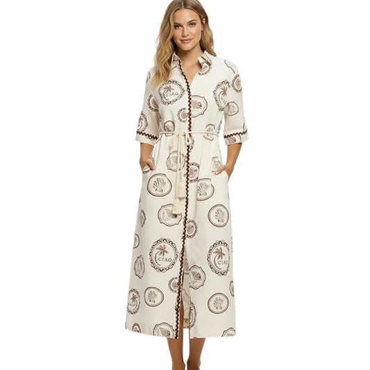 Elegant Printed Lapel Shirt Dress – Side Split Midi Dress