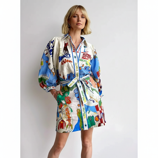 Linen-Look Shirt Dress – Casual Printed Lace-Up Mini Dress