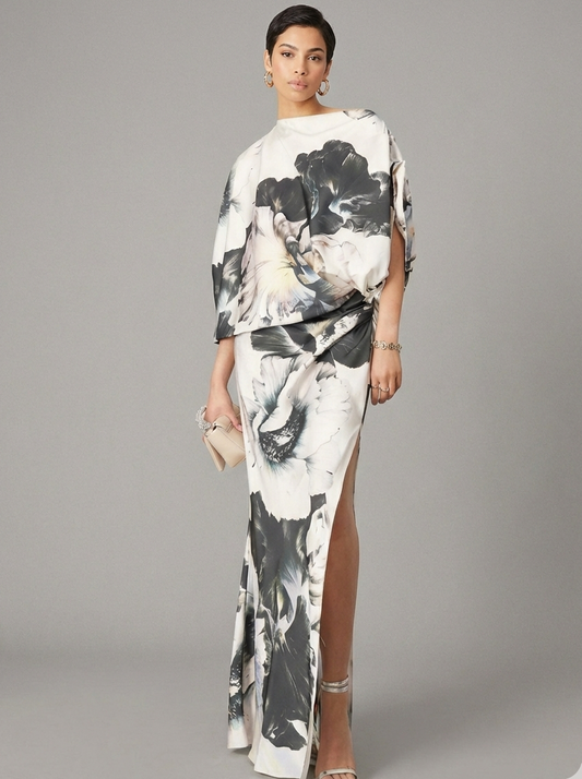 Floral One-Shoulder Batwing Sleeve Evening Maxi Dress