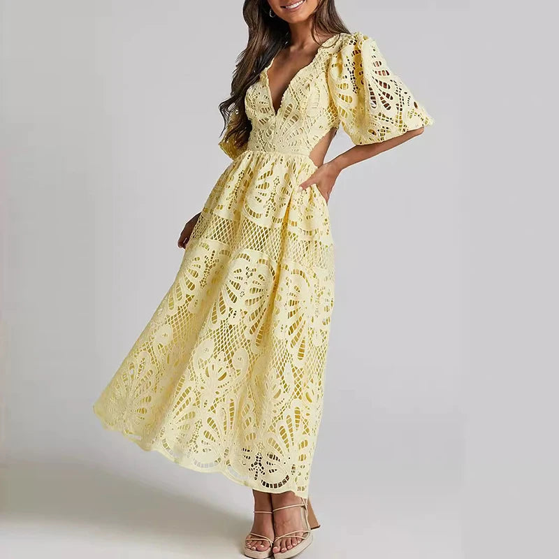 Women’s Embroidered Lace Puff Sleeve A-Line Dress