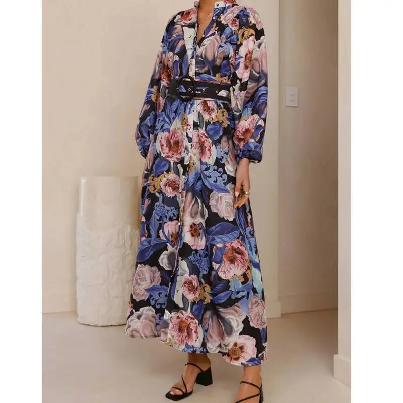 Casual Printed Long Sleeve Dress with Belt – High Waist A-Line Bubble Style