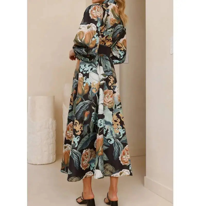 Casual Printed Long Sleeve Dress with Belt – High Waist A-Line Bubble Style