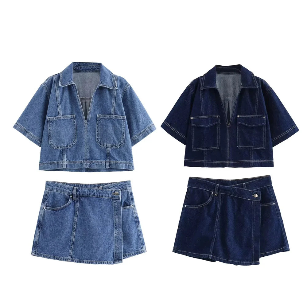 Women’s Denim Suit – V-Neck Top & Asymmetrical Culottes