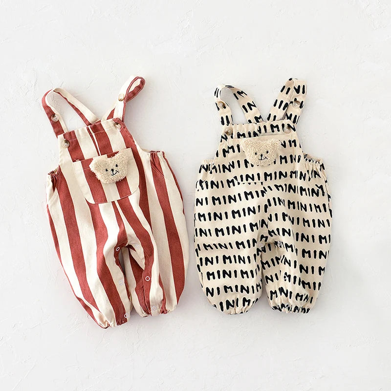 Striped Baby Romper with Bear Doll – Unisex Jumpsuit