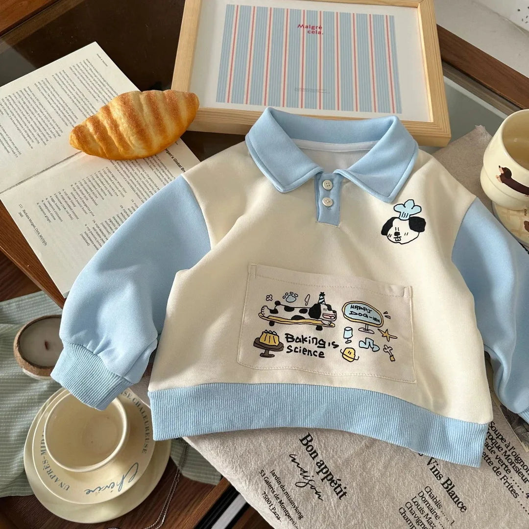 Baby Boy Autumn Cartoon Sweatshirt with Pocket Patchwork