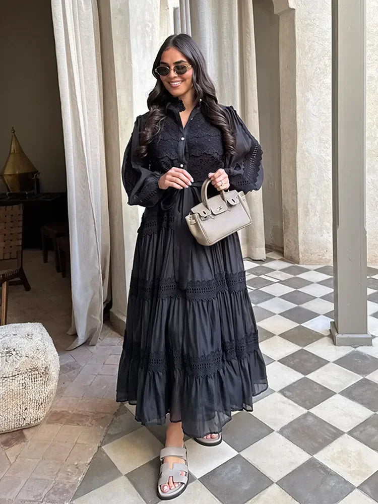 Hollow Out Embroidery Patchwork A-line Long Dress