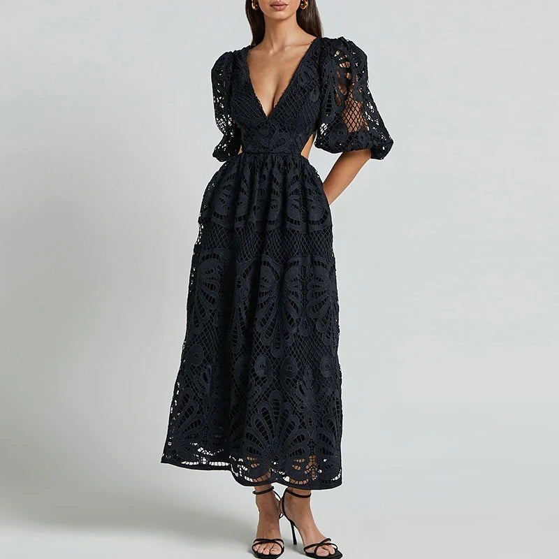 Women’s Embroidered Lace Puff Sleeve A-Line Dress
