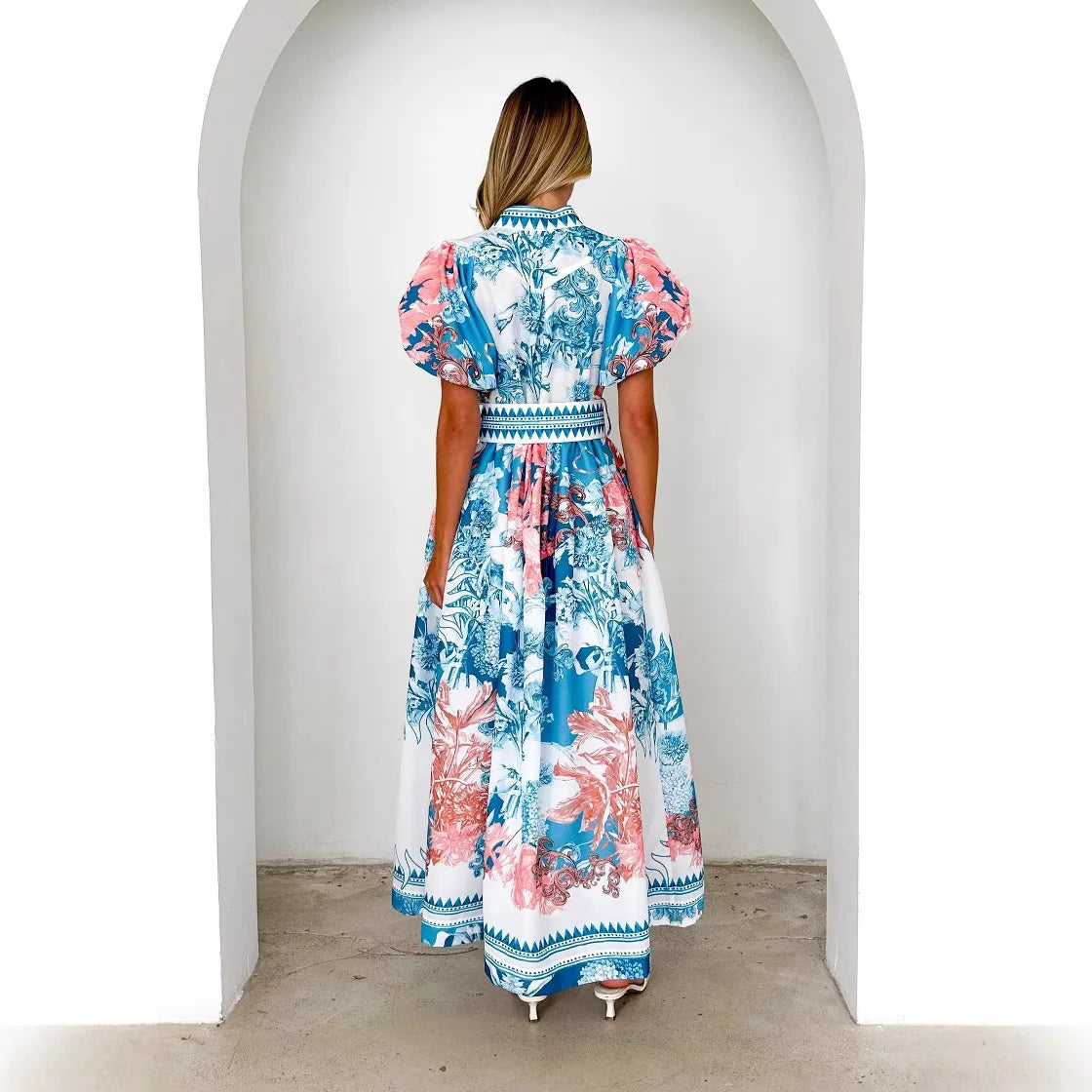 Summer Women’s Casual Tie-Print Long Dress – Loose Pleated Style