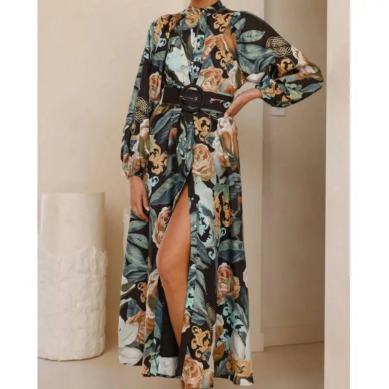 Casual Printed Long Sleeve Dress with Belt – High Waist A-Line Bubble Style