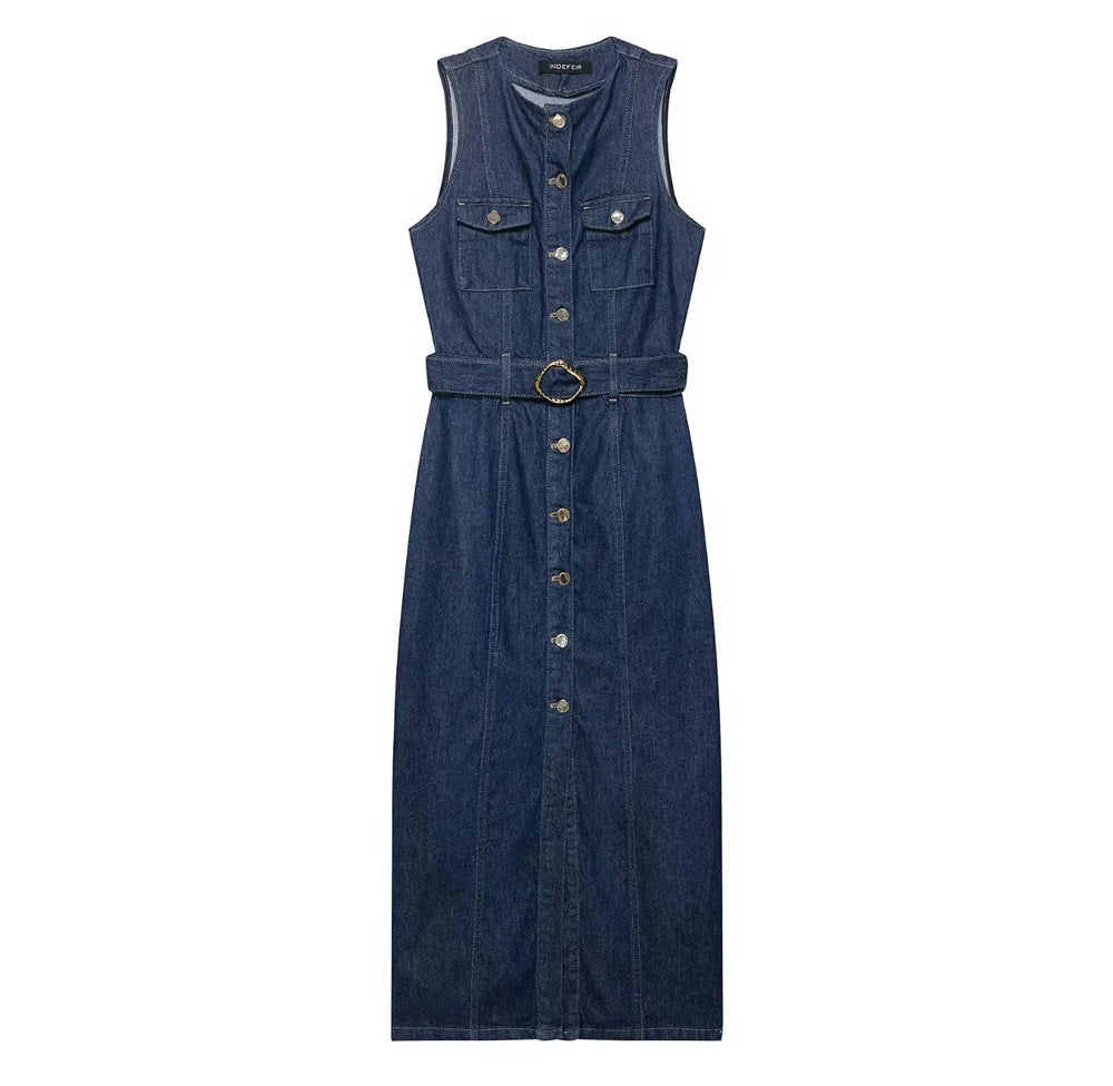 Women’s Belted Denim Midi Dress