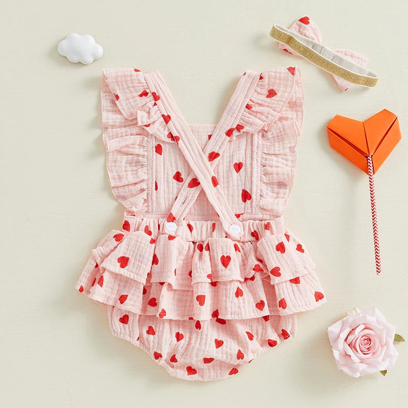 Bow & Heart Print Bodysuit with Headband