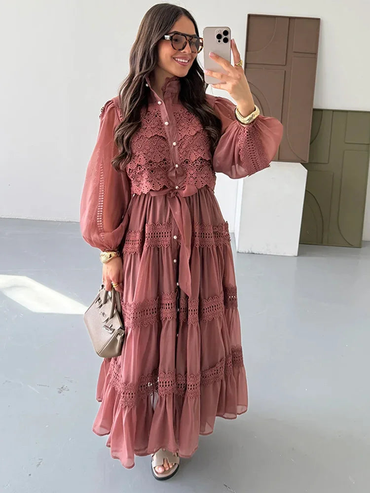 Hollow Out Embroidery Patchwork A-line Long Dress