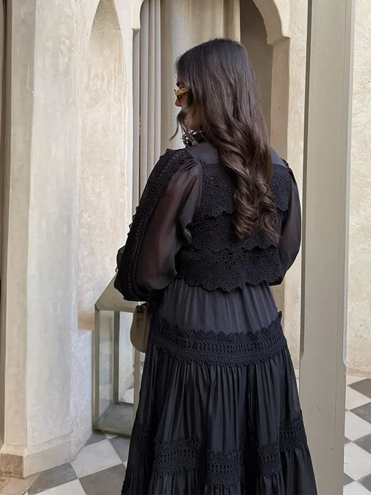 Hollow Out Embroidery Patchwork A-line Long Dress