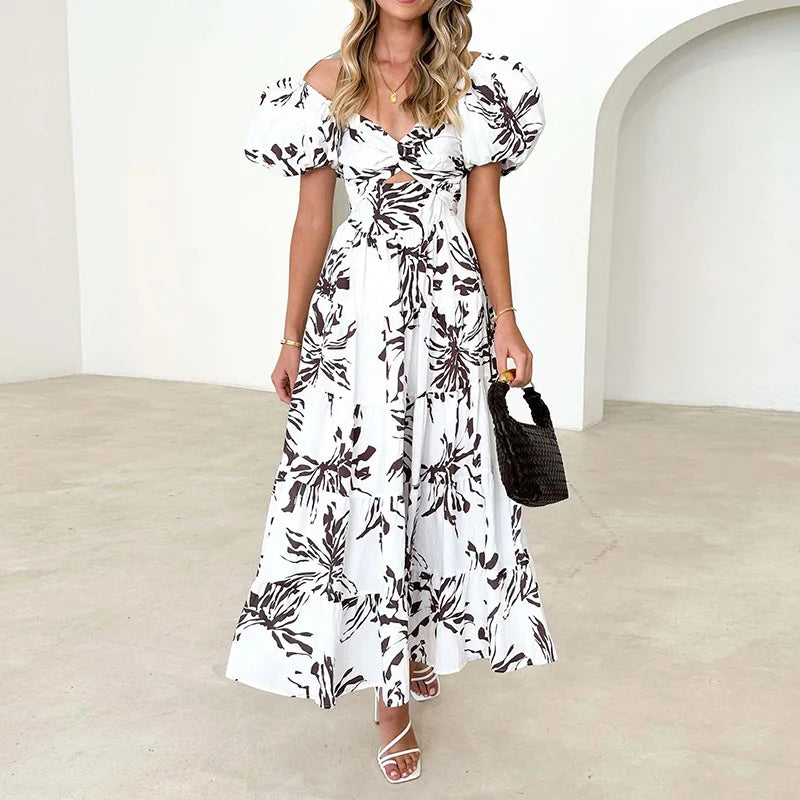 New Hollow Out Puff Sleeve Maxi Dress