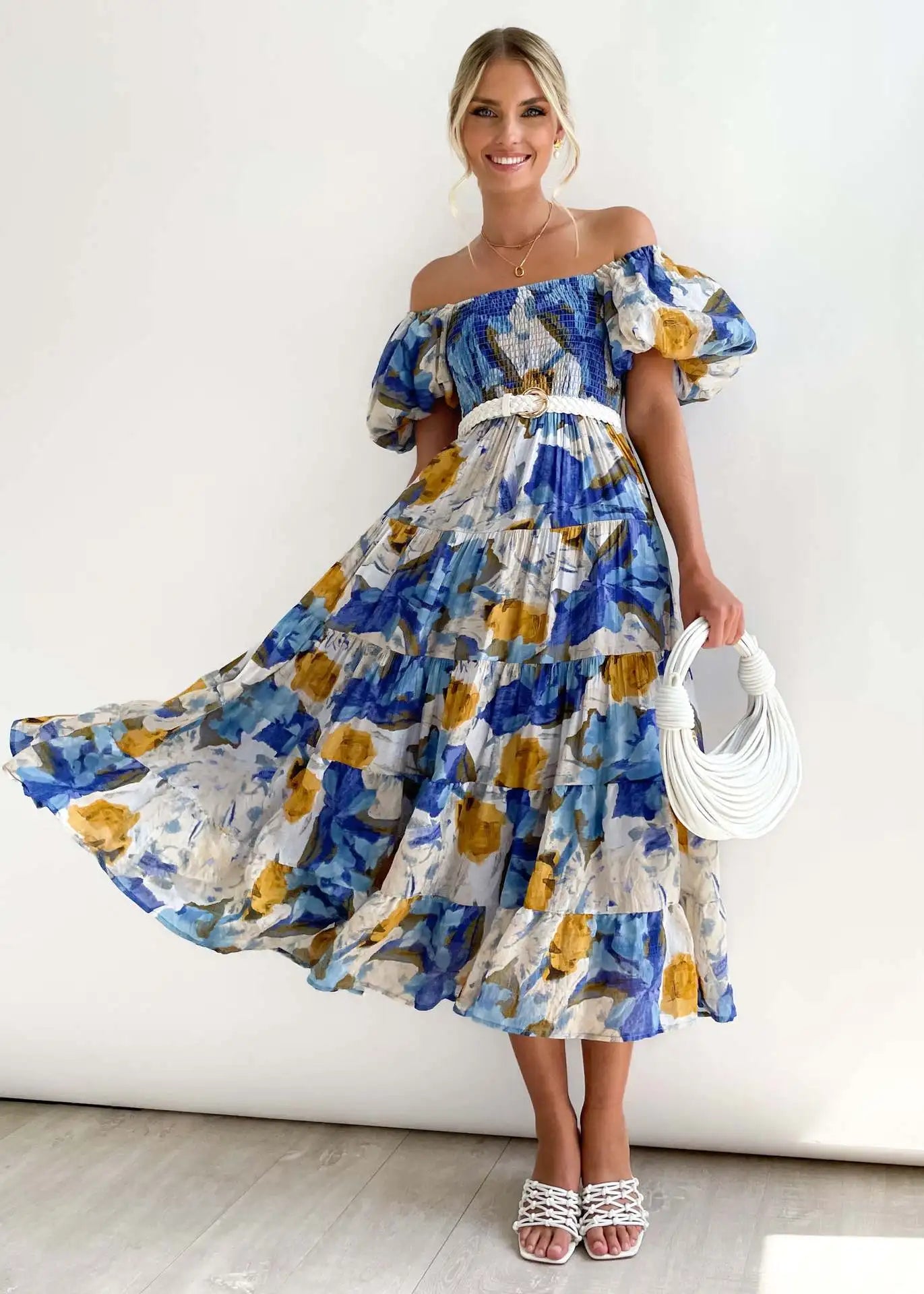 Women’s Off-Shoulder Puff Sleeve Floral Maxi Dress