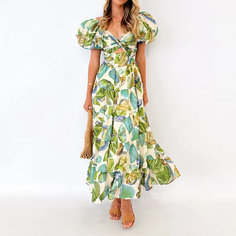 New Hollow Out Puff Sleeve Maxi Dress