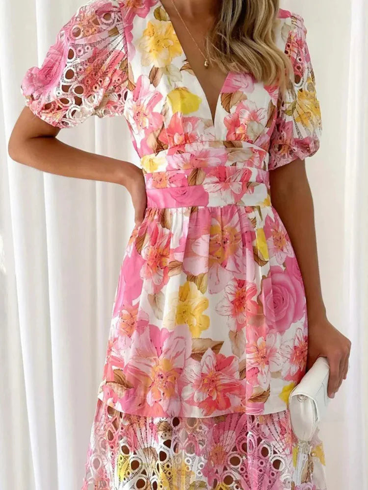 New Hollow Out Puff Sleeve Maxi Dress