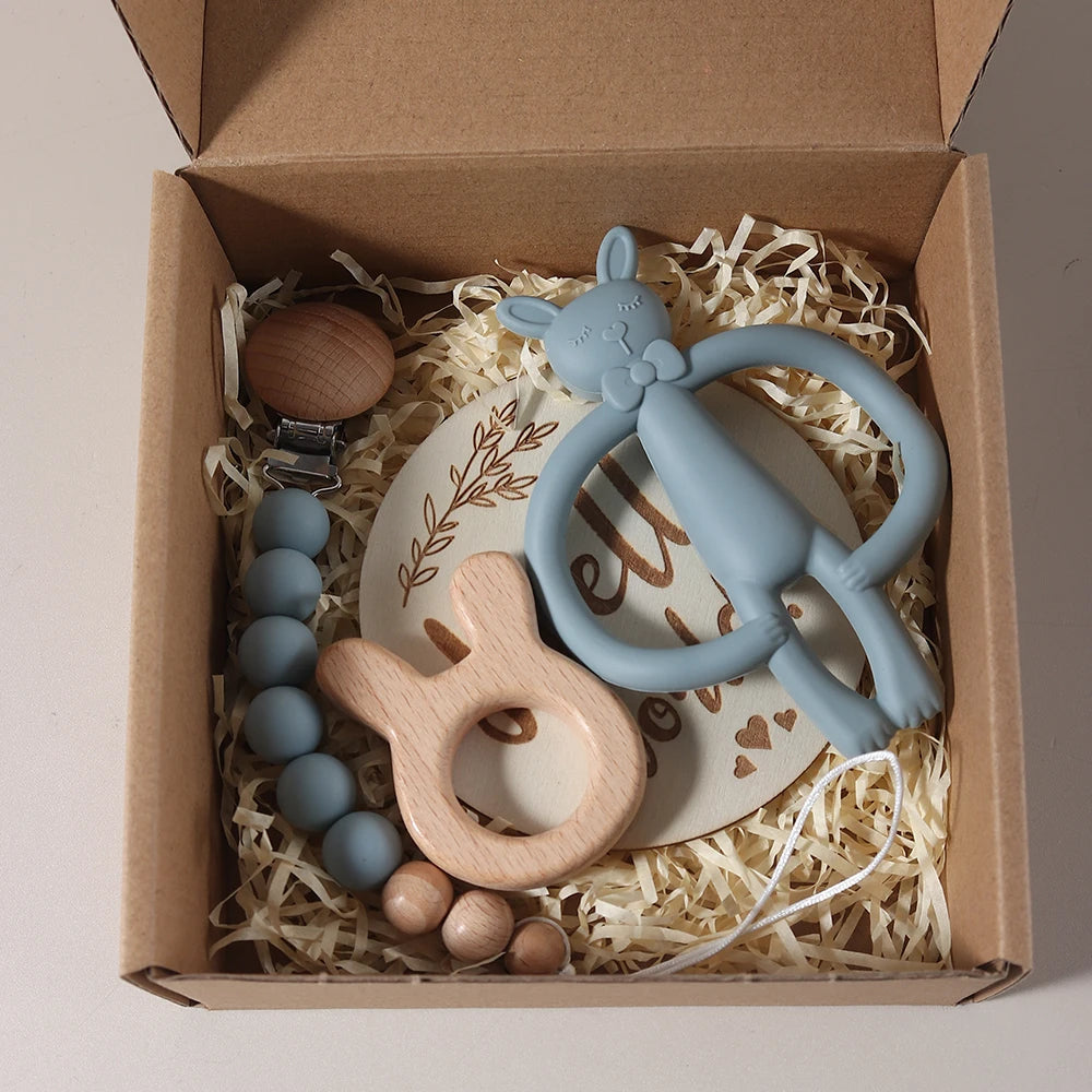 Newborn Growth Milestone Cards & Bunny Teether Gift Set