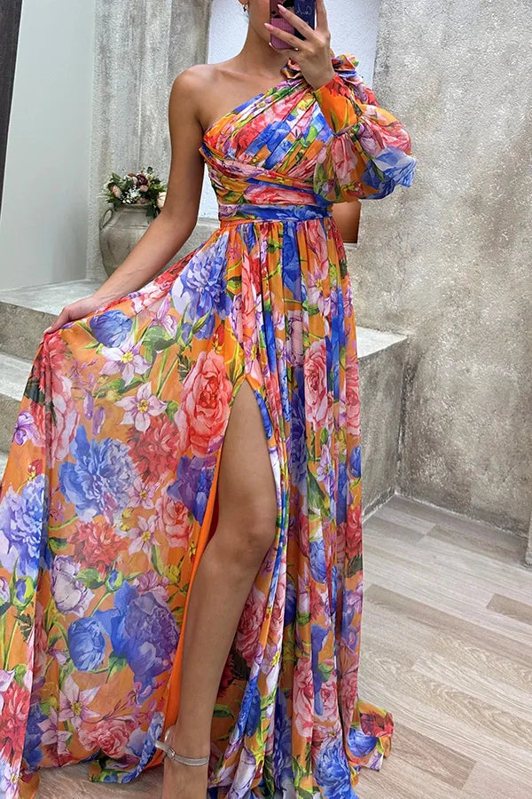 Women’s Long Sleeve Waist-Tied Print Slit Dress